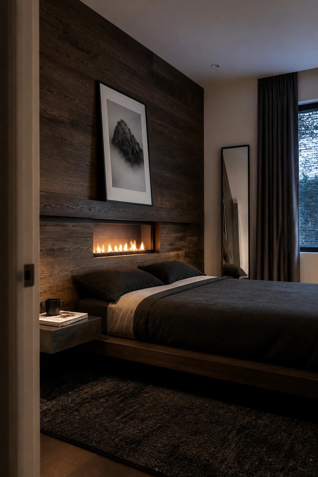 A minimalist bedroom featuring dark wood walls, a low platform bed with dark bedding, a built-in linear fireplace, and a framed black and white mountain print above it.