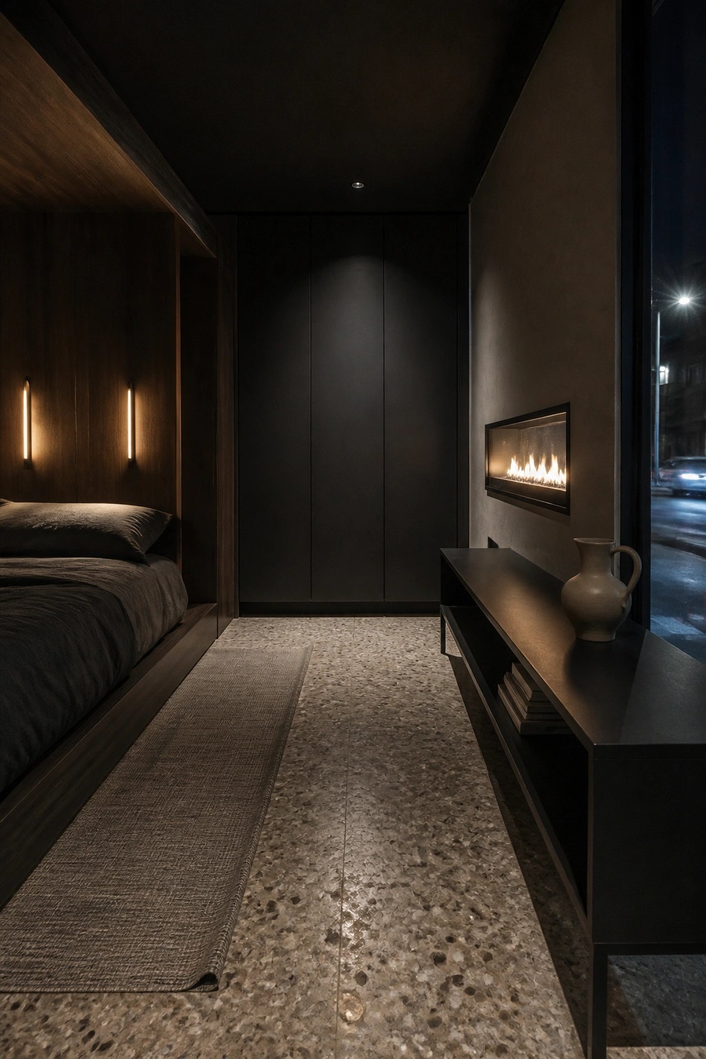 Modern dark bedroom with built-in bed, fireplace, console table, and terrazzo floor
