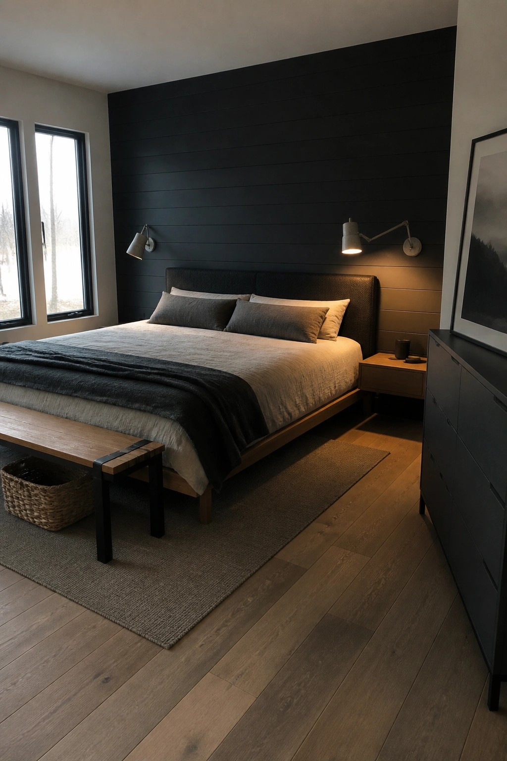 A bedroom featuring a bed with neutral bedding positioned against a dark horizontal wood accent wall, two wall sconces, light wood flooring, and two windows on the left.