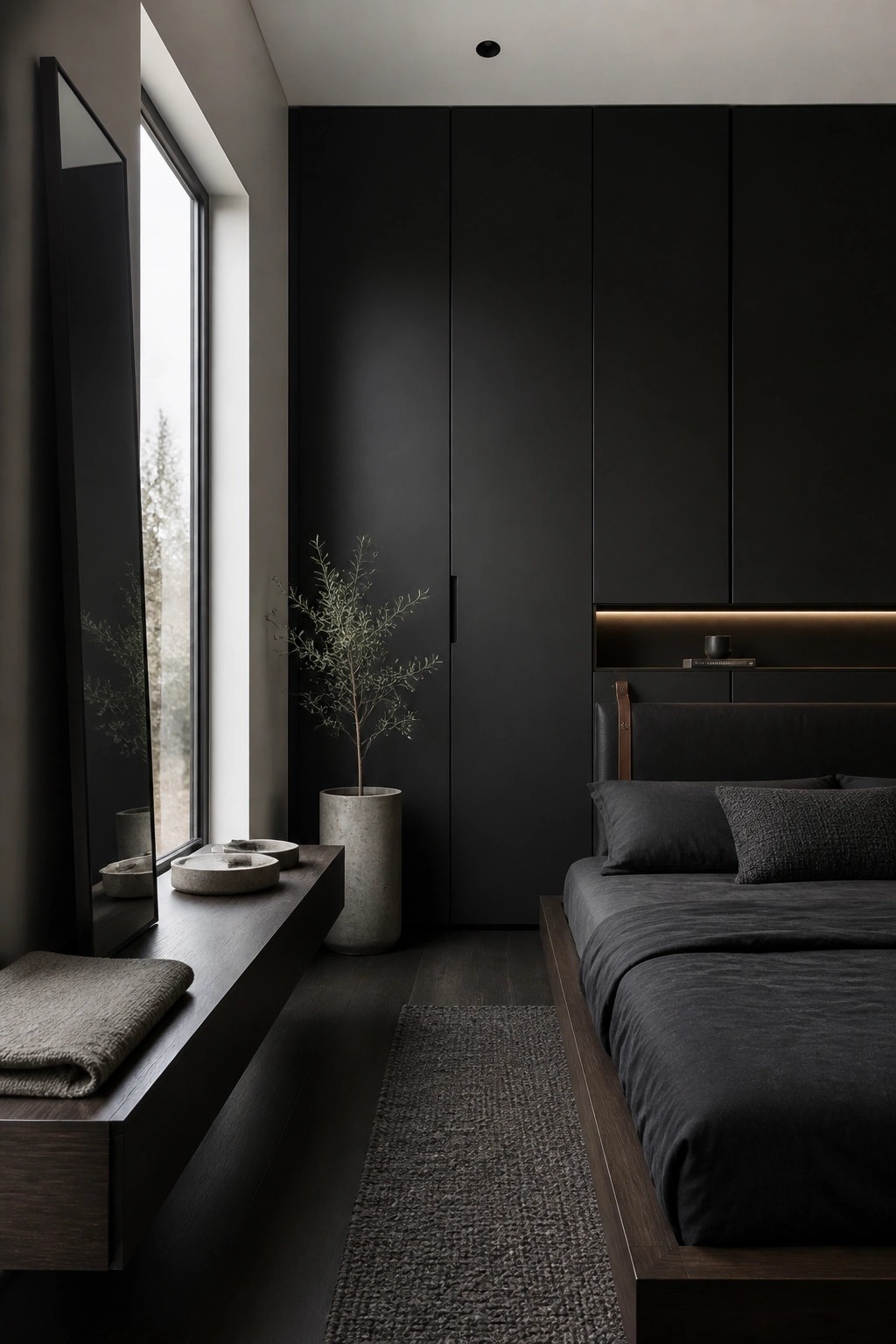A minimalist dark bedroom with floor-to-ceiling black cabinetry, a floating wooden bench under a tall window, and a bed with dark bedding.
