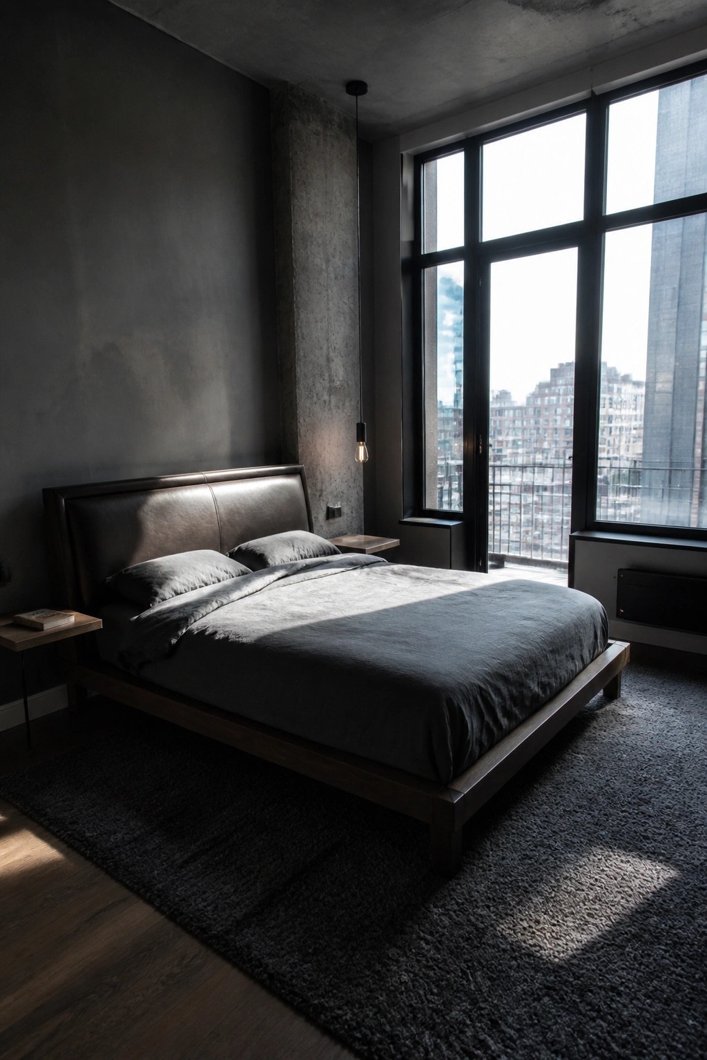 A minimalist bedroom with a dark leather headboard bed, gray bedding, wooden nightstands, and a large window with city views.