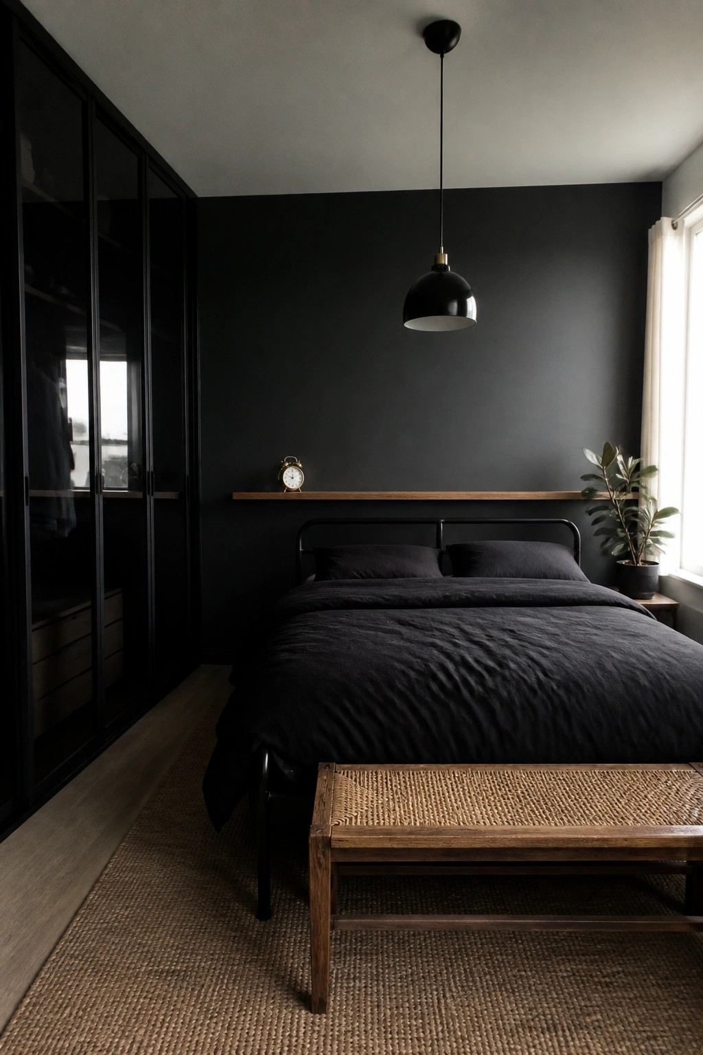 A minimalist bedroom with black walls, black bedding on a black metal bed frame, a woven wooden bench at the foot of the bed, and a black pendant light.