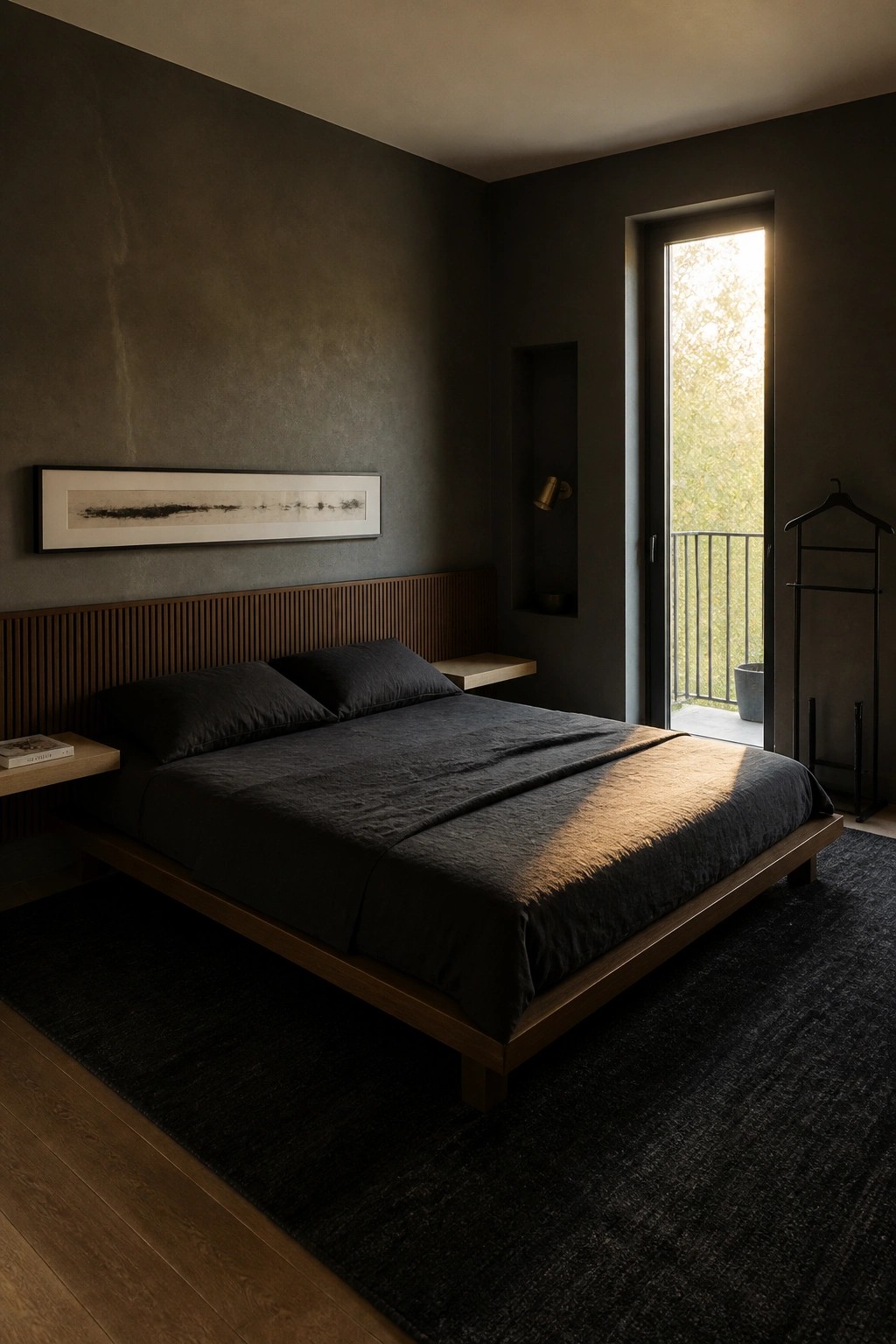 A minimalist bedroom with a low wooden platform bed dressed in dark gray bedding, set against textured dark walls with a tall window on the right.