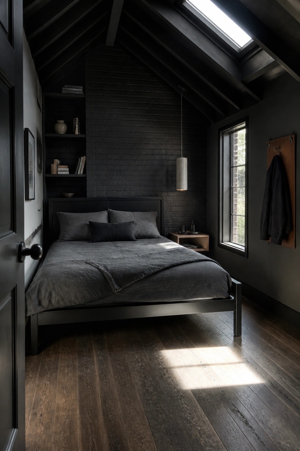 A minimalist dark bedroom with black walls, gray bedding, a low black bed frame, and a skylight above.