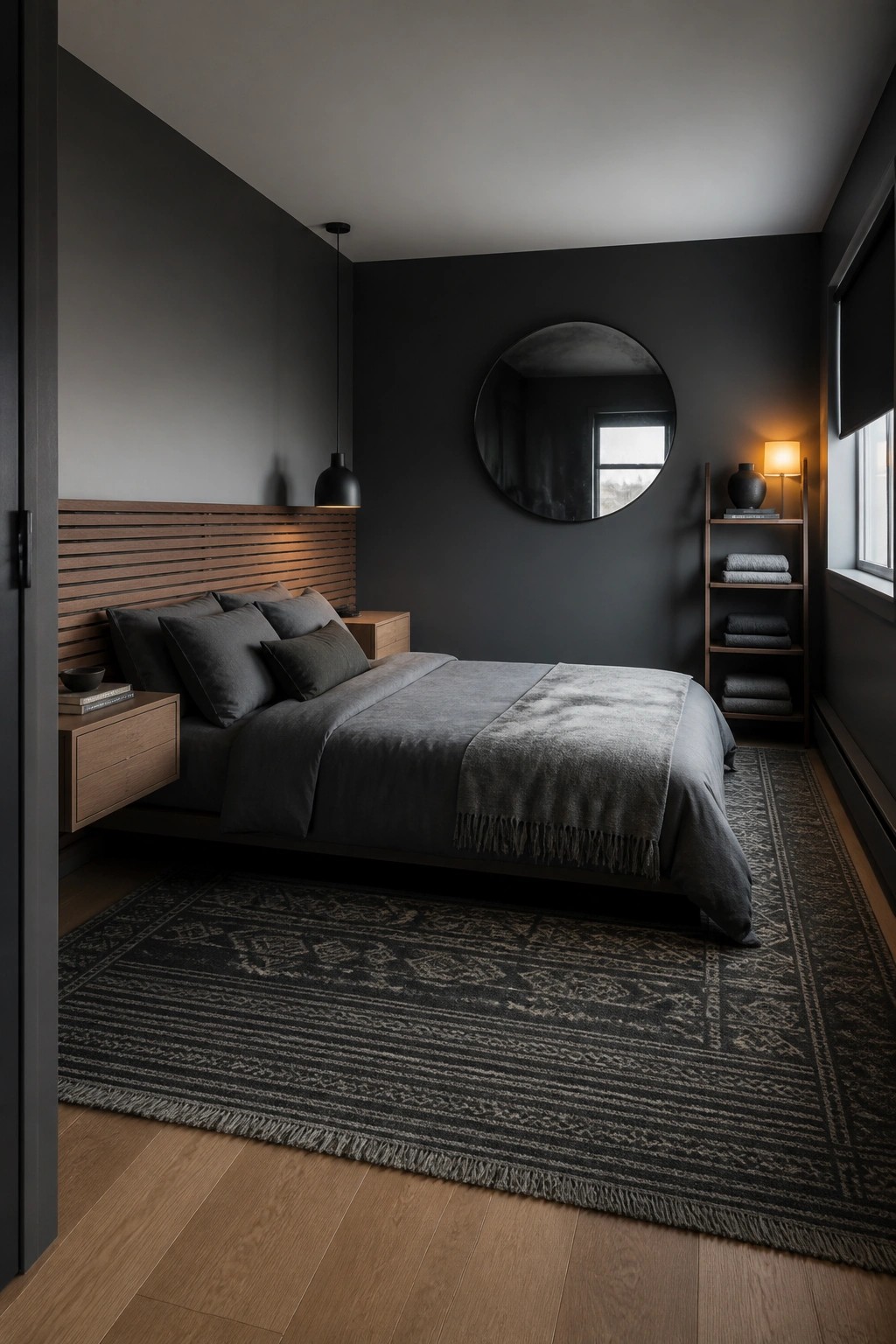 A minimalist bedroom with dark gray walls, a wooden slat headboard, gray bedding, wooden nightstands, a round mirror, and a patterned rug on light wood flooring.