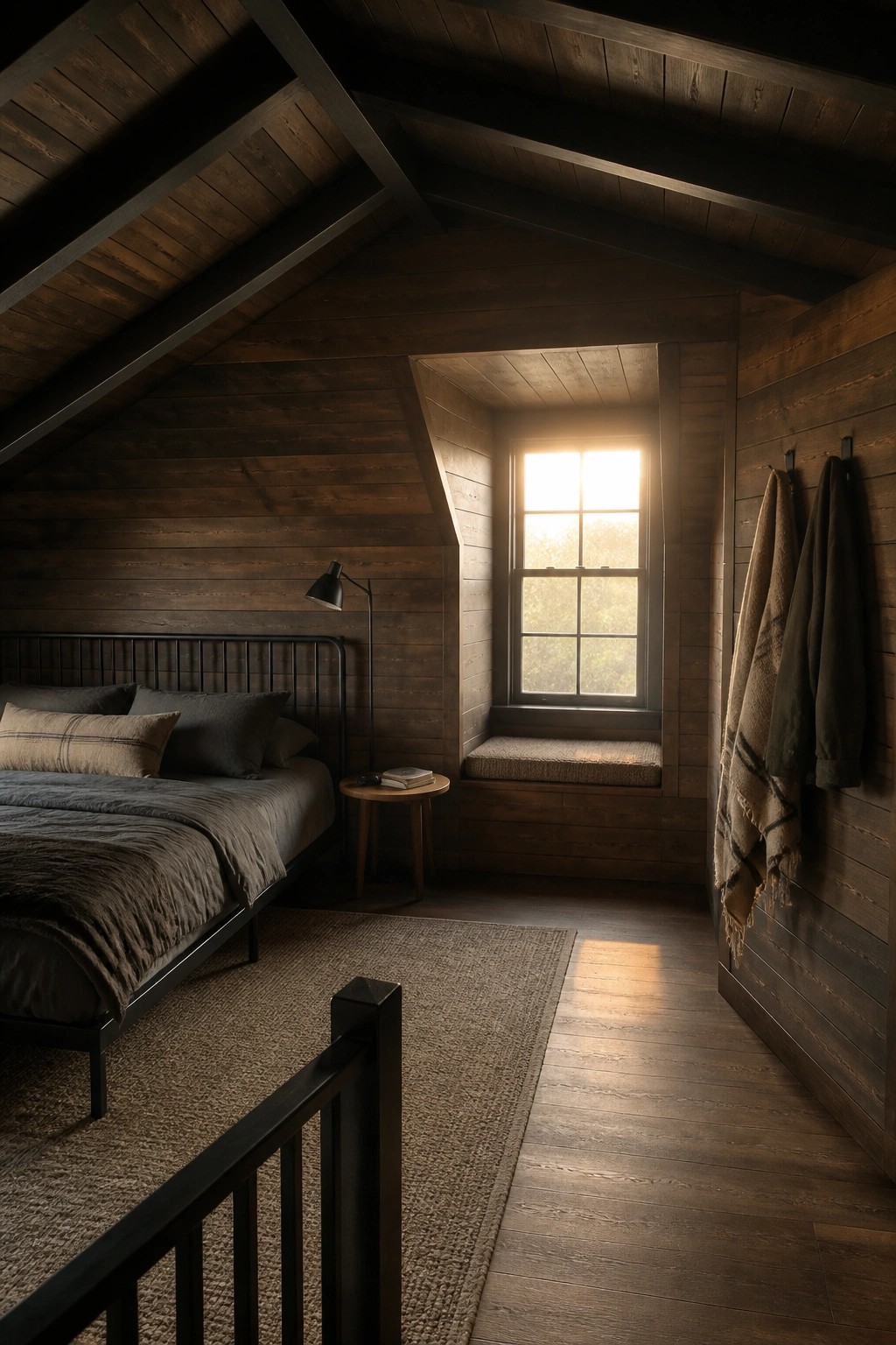 A dark wood attic bedroom with a black metal bed, small round side table, and a window seat under a bright window.
