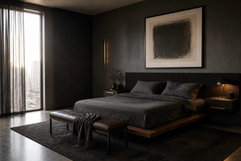 18 Smart Minimalist Dark Masculine Bedrooms With Streamlined Furniture Dark modern bedroom with platform bed, leather bench, abstract art, and city view.