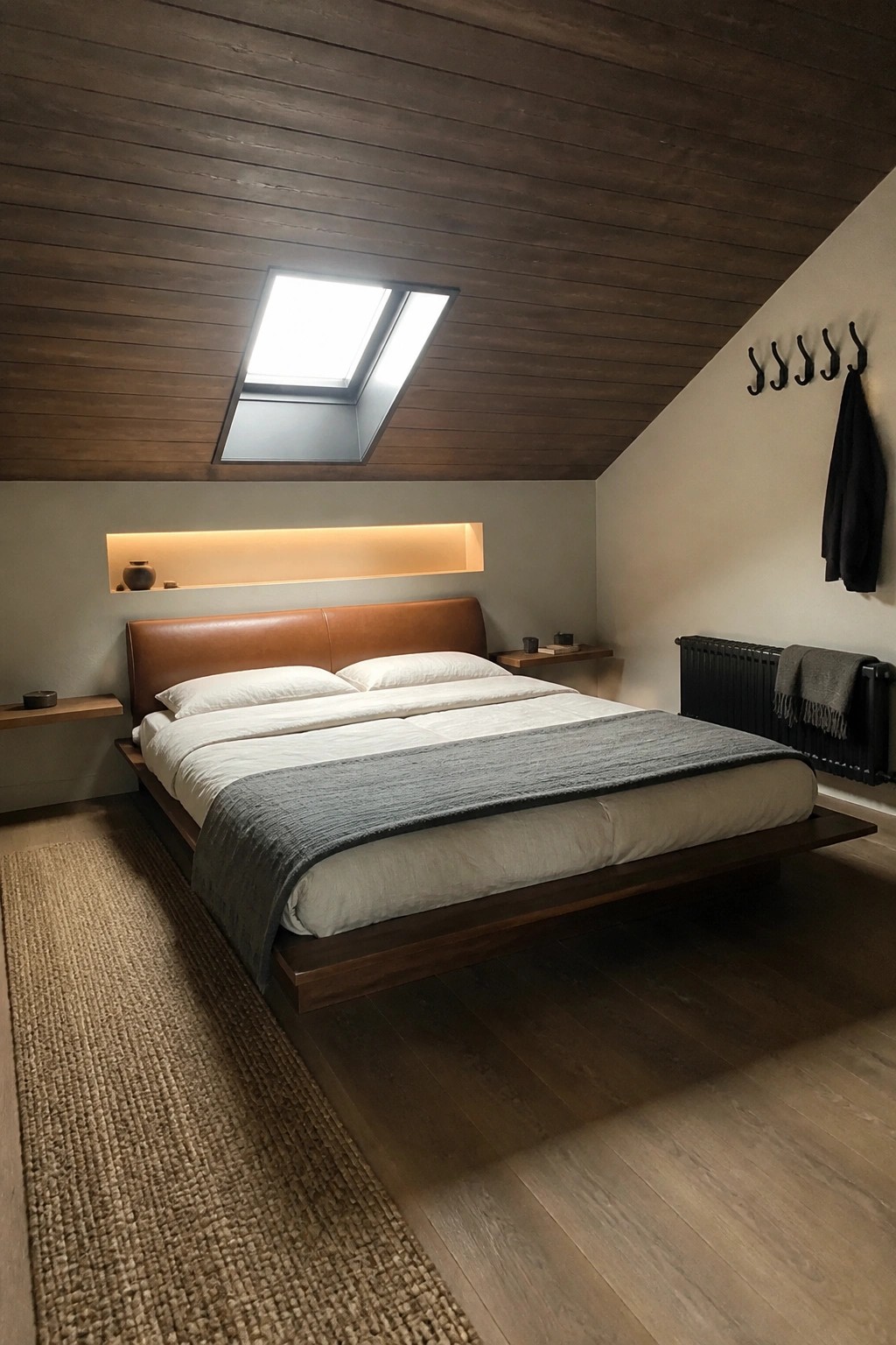 A minimalist bedroom with a floating dark wood platform bed, white bedding, brown leather headboard, recessed lit niche above, and skylight in the sloped wood ceiling.