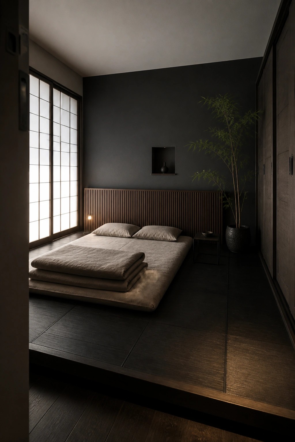 A dark minimalist bedroom featuring a low bed on a raised wooden platform with tatami-style flooring, dark walls, and shoji screens.