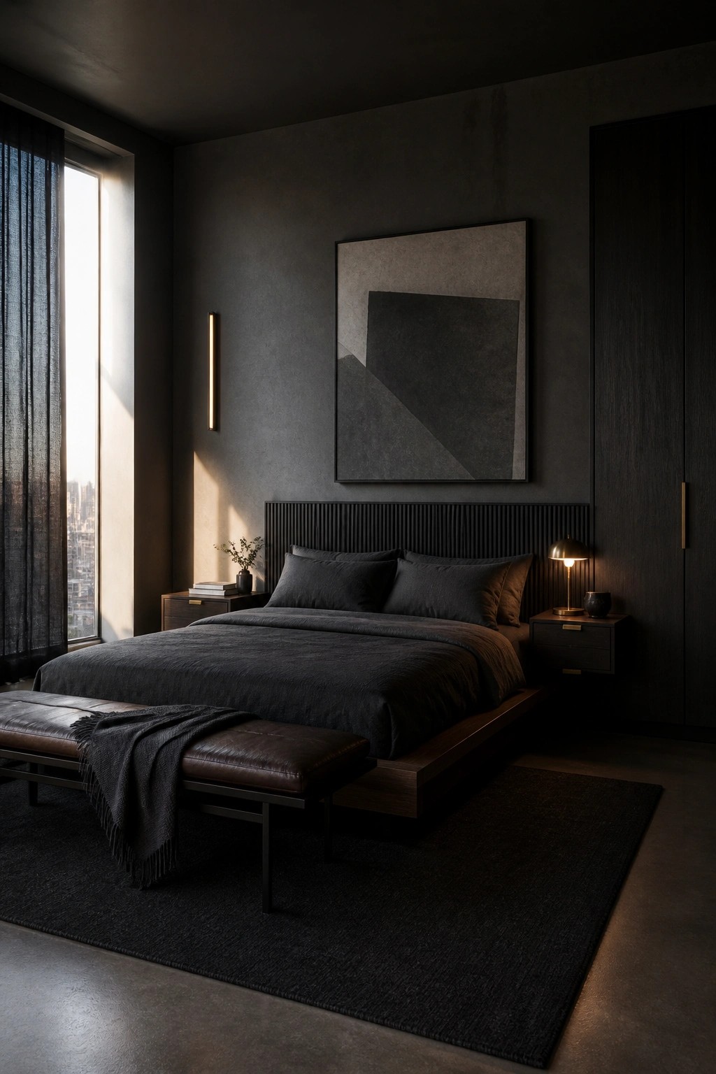Dark modern bedroom with platform bed, leather bench, abstract art, and city view.