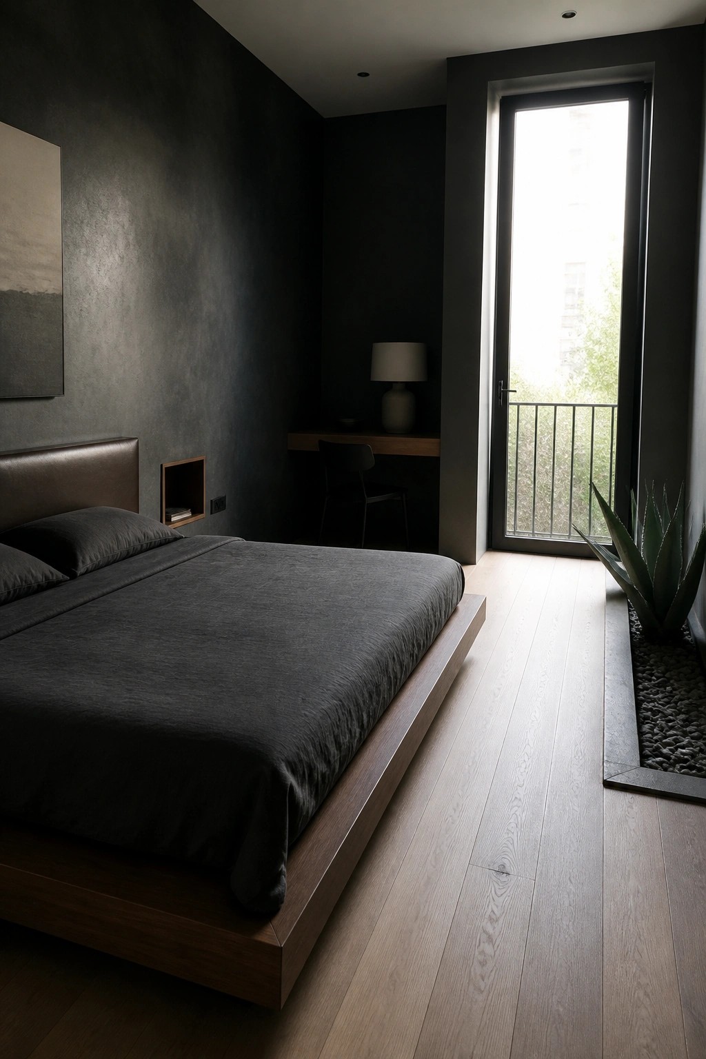 A dark minimalist bedroom with a low wooden platform bed, dark gray bedding, and a recessed wall niche beside the headboard.