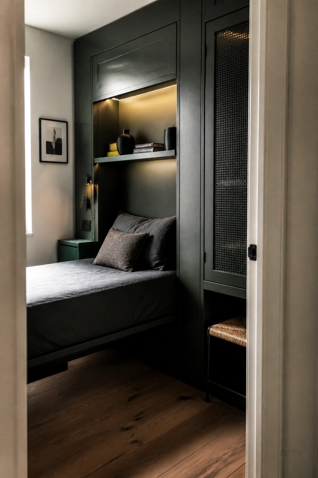 Modern dark green built-in bed nook with gray linens and cane door panel