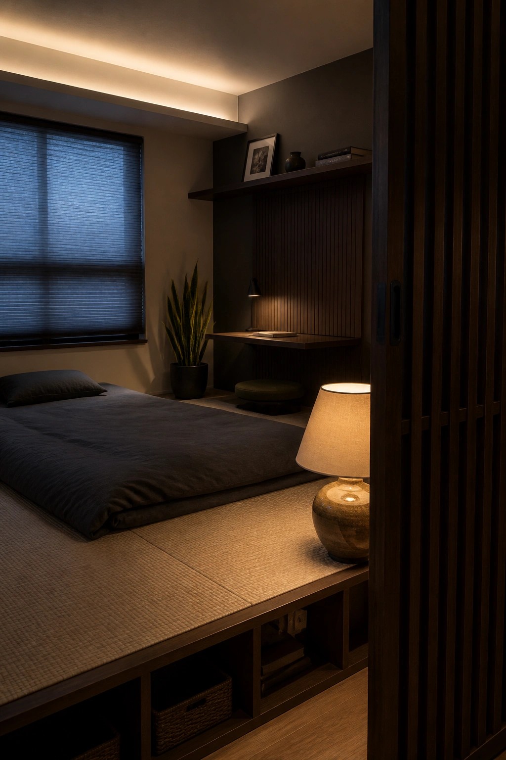 Minimalist Japanese bedroom with tatami platform bed, floating desk, and warm lamp light.