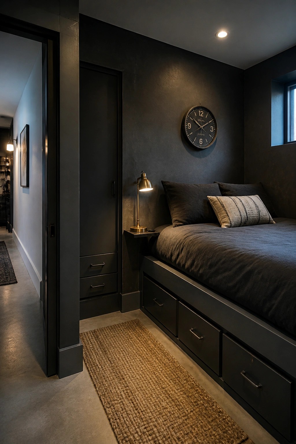 A small dark bedroom with a platform bed that has multiple under-bed storage drawers, a tall black cabinet with drawers, a narrow nightstand, and a round wall clock above the bed.