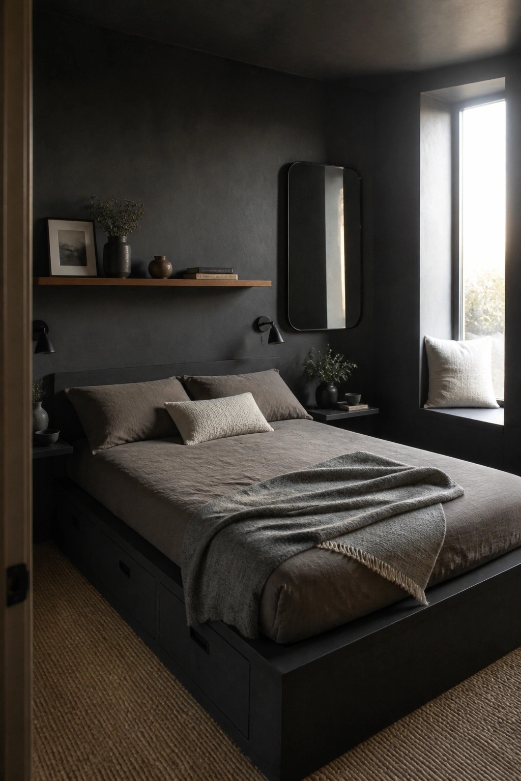 A dark masculine bedroom with a low black platform bed that has built-in storage drawers, a floating shelf above the headboard, and a window seat on the right.