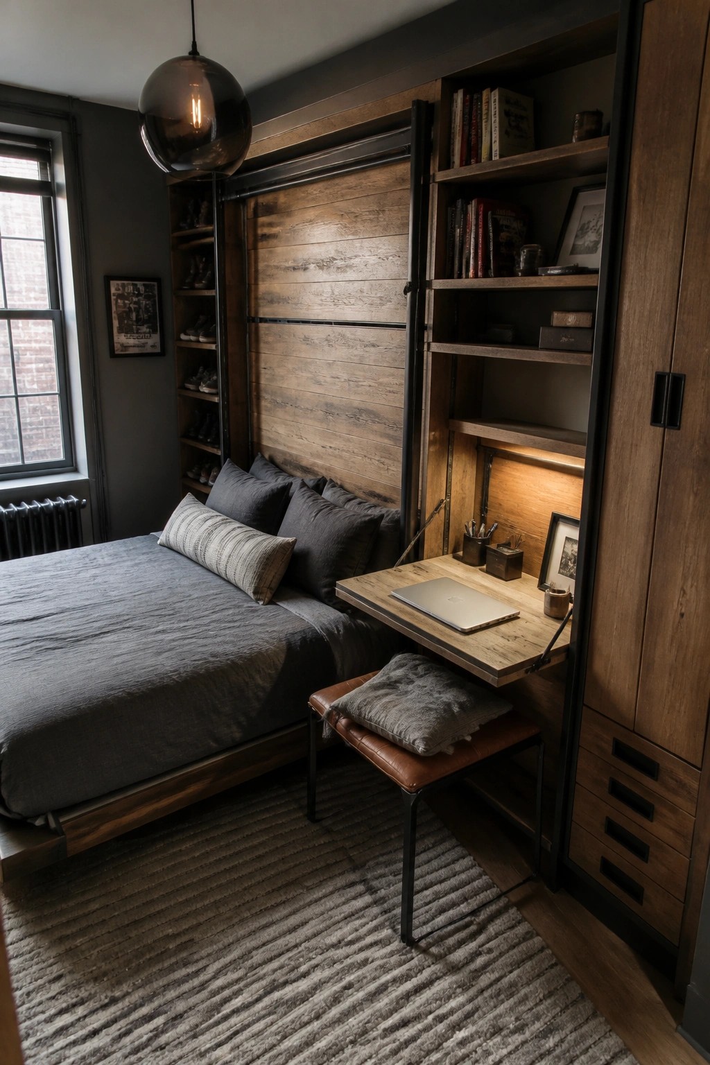 A compact bedroom with dark wood built-in wall unit featuring shelves, a fold-down desk with laptop, and an integrated bed area with gray bedding and a leather stool.