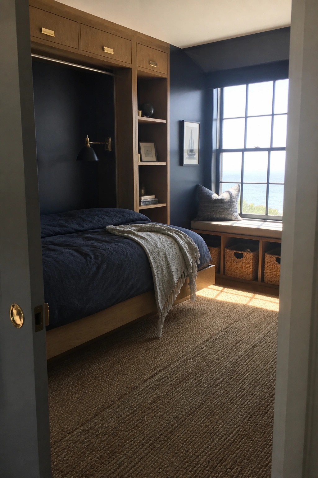 A small bedroom with a wooden bed frame dressed in navy bedding, built-in wooden cabinets and shelves above and beside the bed, dark blue walls, a window seat with storage baskets, and a large window overlooking water.