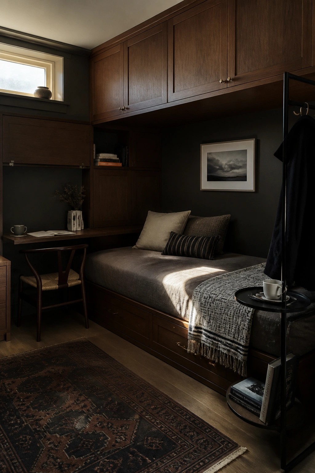 A compact bedroom with dark walls, a platform bed beneath overhead wooden cabinets, integrated desk space, and a dark patterned rug on the floor.