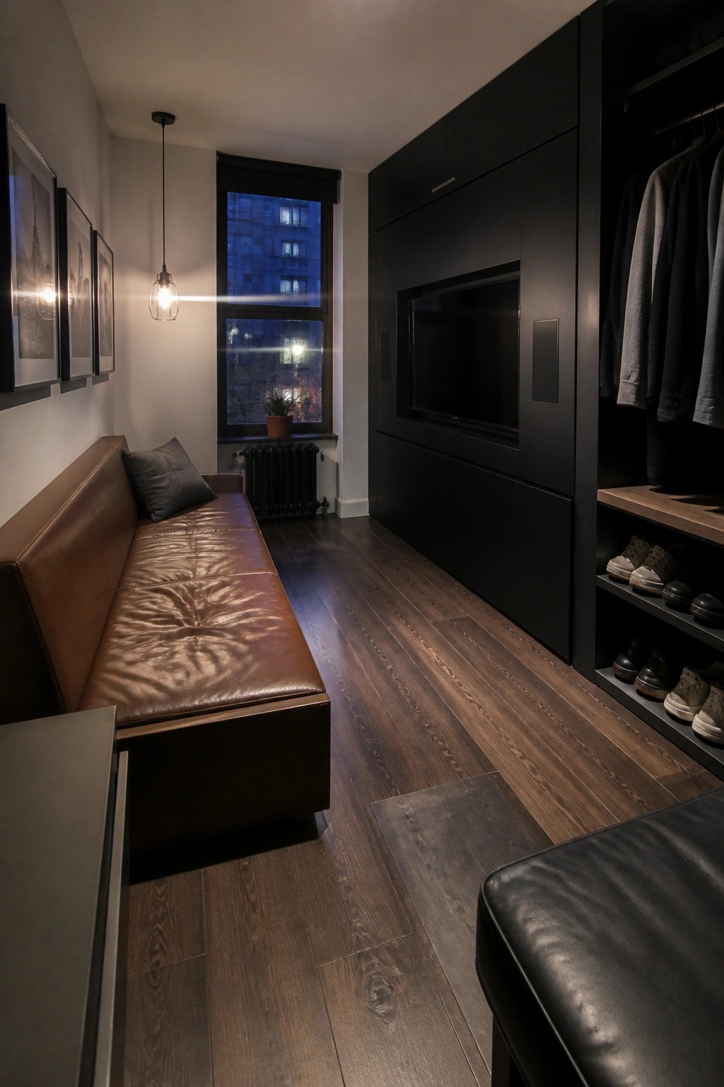 A narrow interior room with dark wood flooring, a long brown leather bench along the left wall, black built-in cabinets with an integrated television on the right, and an open closet section holding clothes and shoes.
