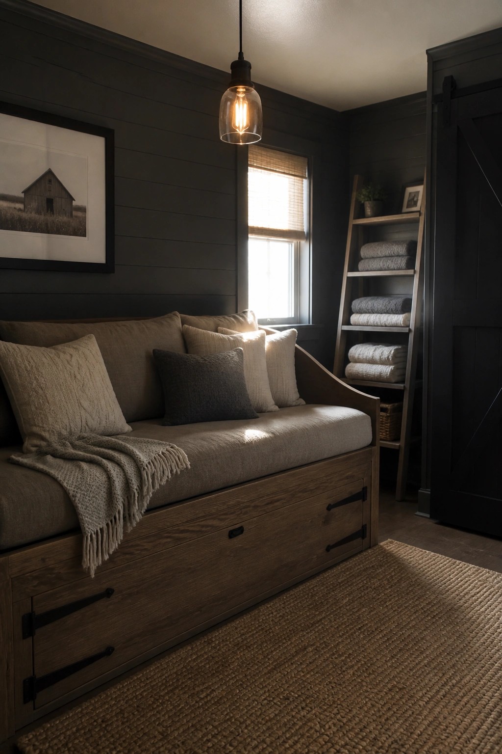 A dark masculine bedroom shows a wooden daybed with multiple storage drawers, neutral pillows, a hanging pendant light, and a leaning ladder shelf holding folded towels.