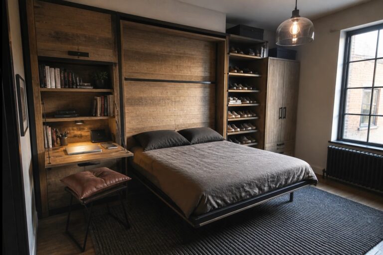 18 Smart Small Dark Masculine Bedrooms With Space-Saving Furniture A compact bedroom with dark wood built-in wall unit featuring shelves, a fold-down desk with laptop, and an integrated bed area with gray bedding and a leather stool.