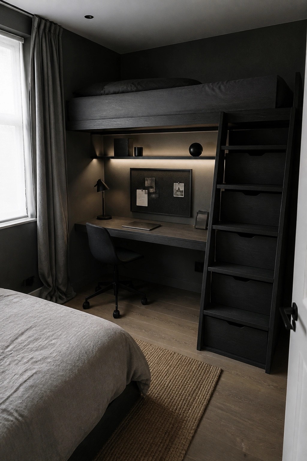 A small dark bedroom with a loft bed above a built-in desk, office chair, and tall unit of drawers with a ladder on the right.