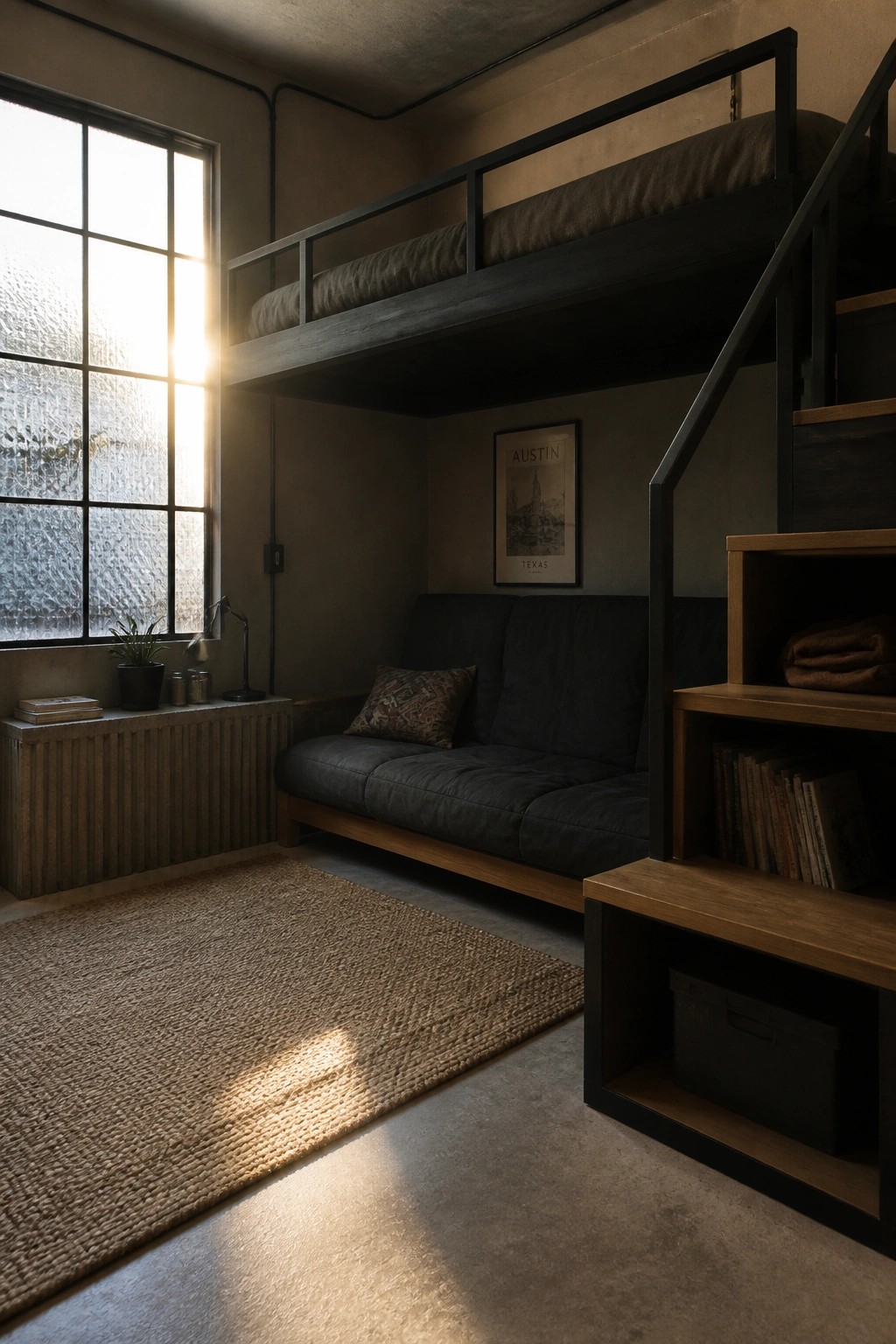 Loft bed above dark sofa in sunlit industrial room with wooden stairs and woven rug.