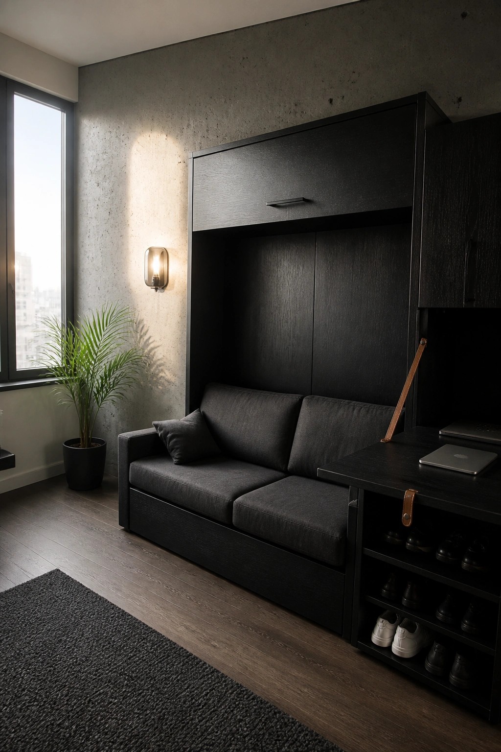 A dark gray sofa sits in front of a tall black cabinet unit with closed doors above it, next to a shoe storage section with a leather strap and a laptop on the surface, in a room with concrete walls and a window.