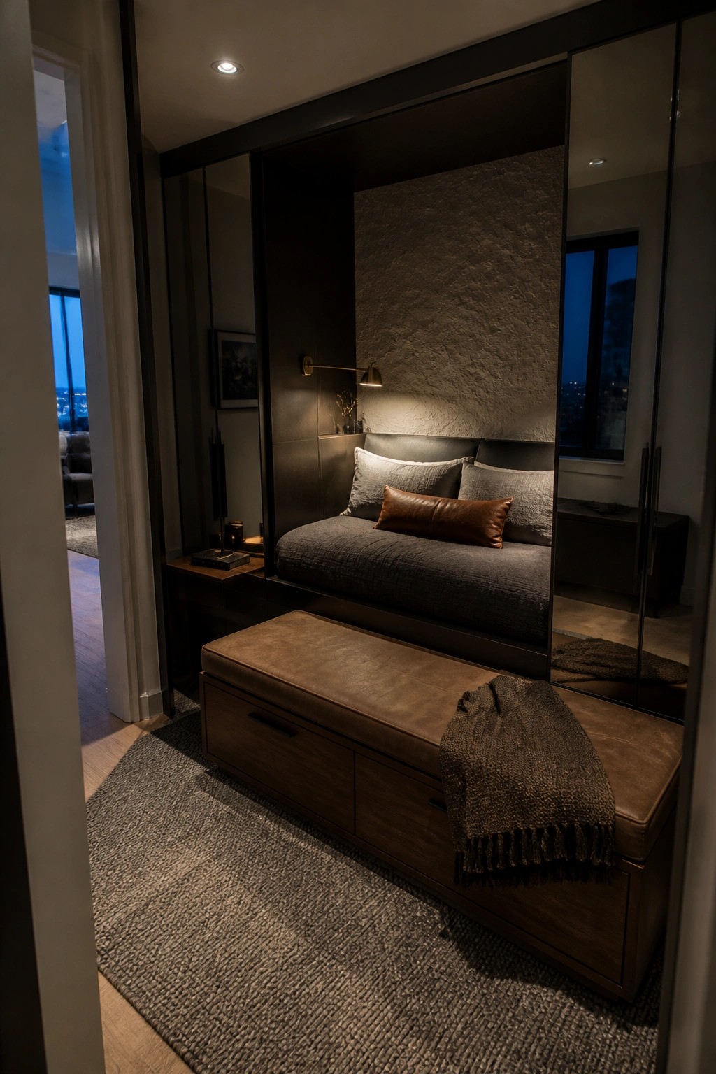 A dark masculine bedroom featuring a bed recessed into a textured alcove, flanked by large mirrored closet doors, with a brown leather storage bench and gray rug in the foreground.