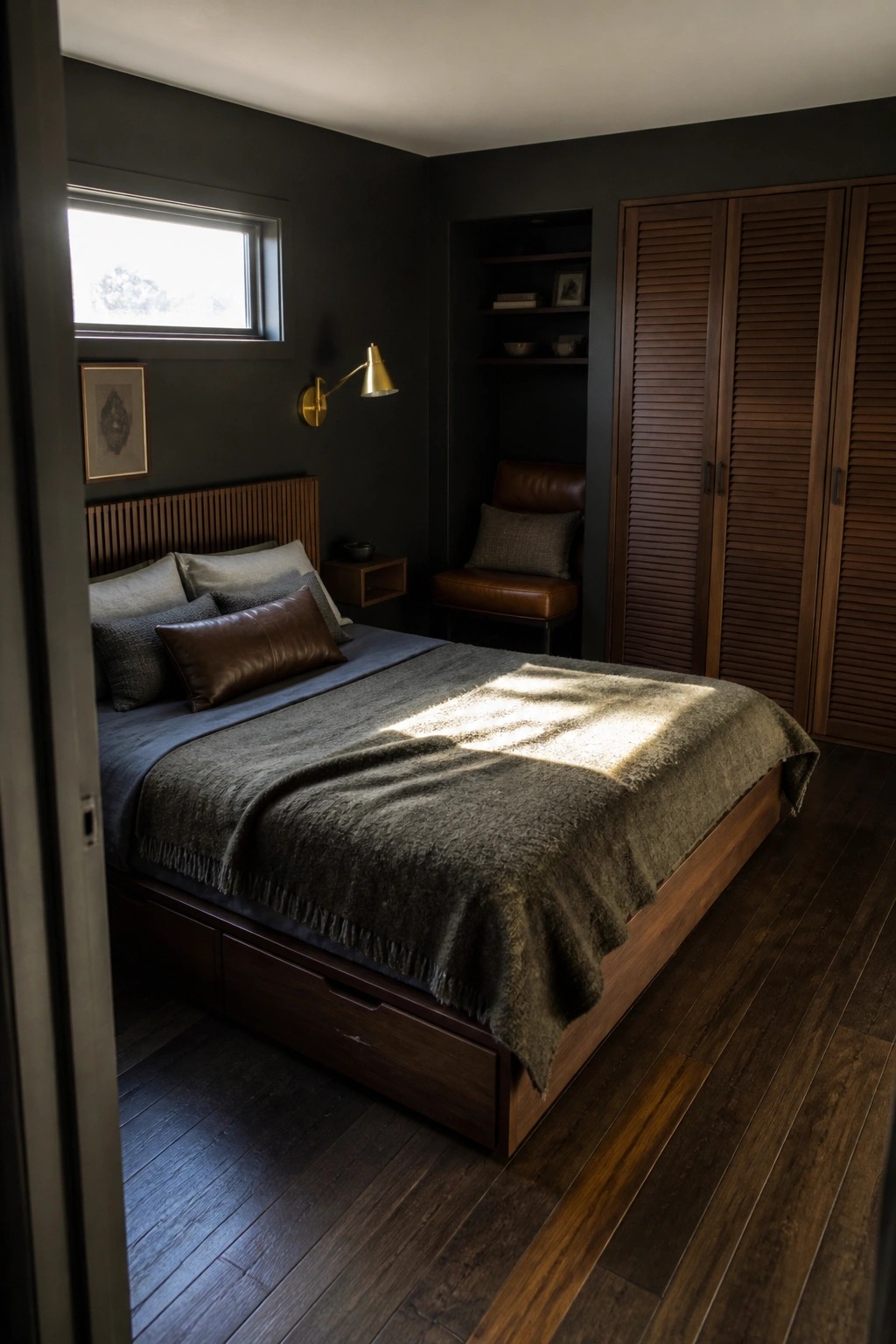 Dark bedroom with wooden bed, sunlit green blanket, leather chair, and built-in shelves