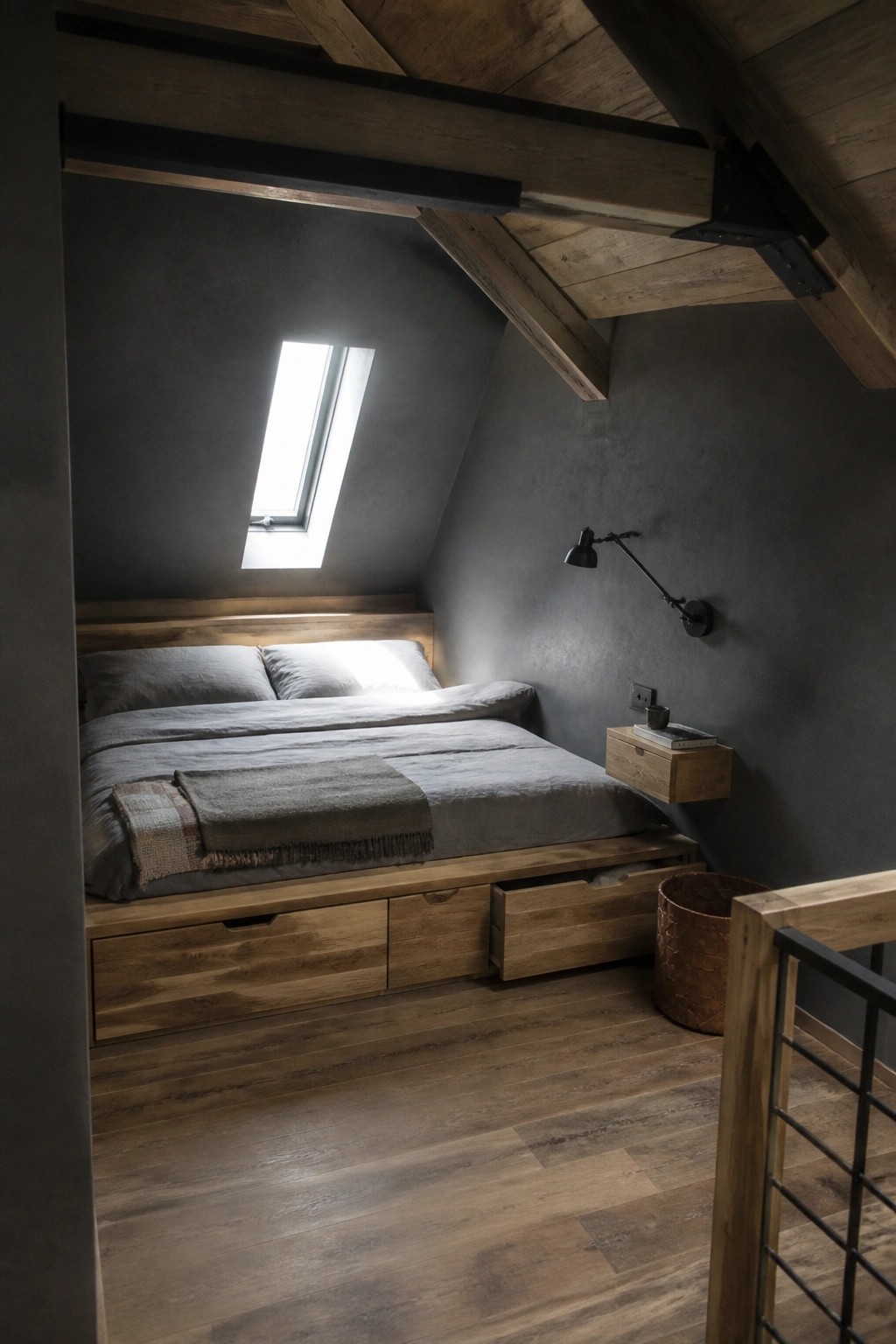 A small attic bedroom with a low wooden platform bed featuring multiple storage drawers, gray bedding, a floating nightstand, and a skylight on the dark wall.