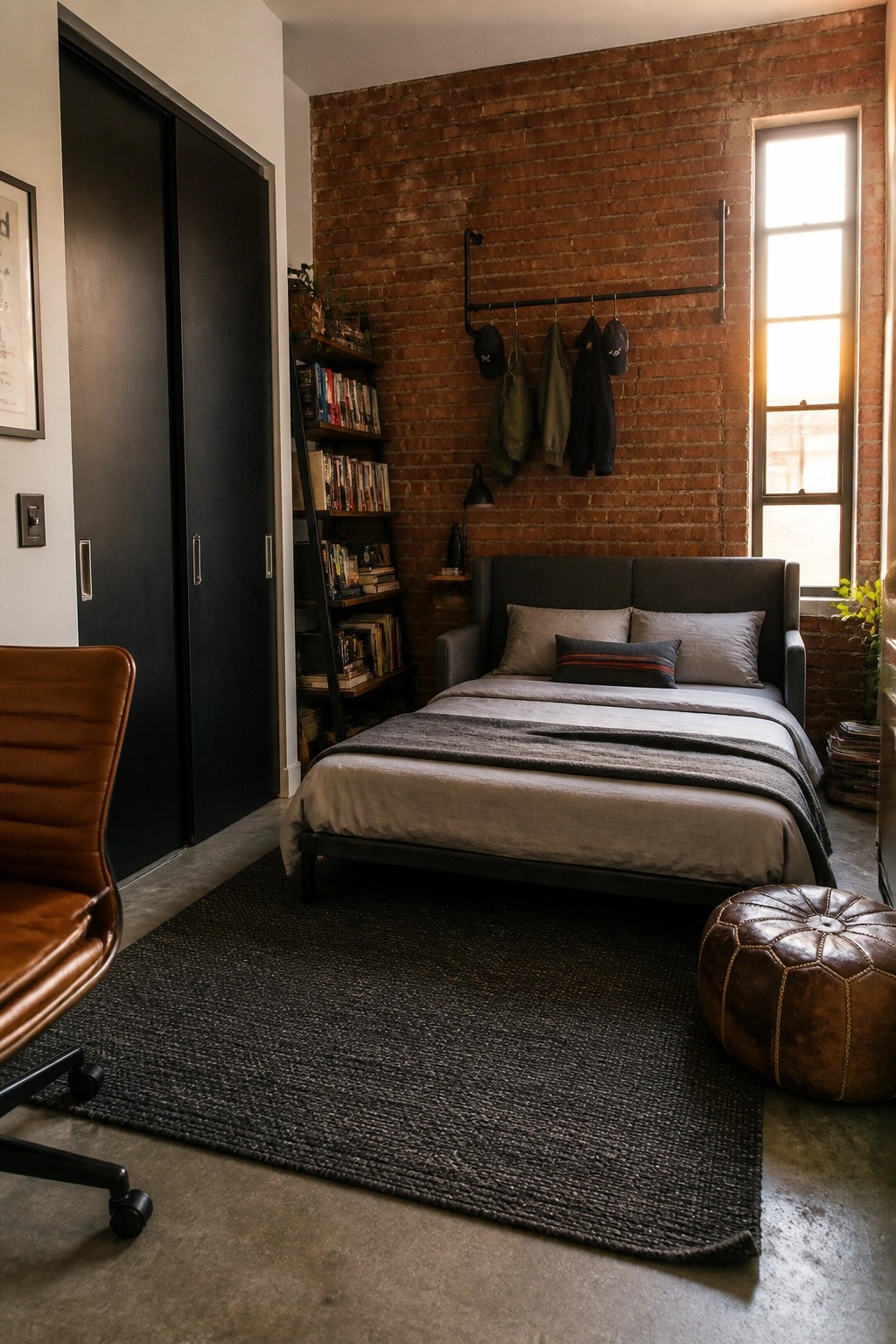 A compact bedroom features a dark upholstered bed against a red brick wall, with a black wall-mounted rail holding jackets and caps above the headboard, a leaning bookshelf filled with books on the left, and a brown leather ottoman on the right.