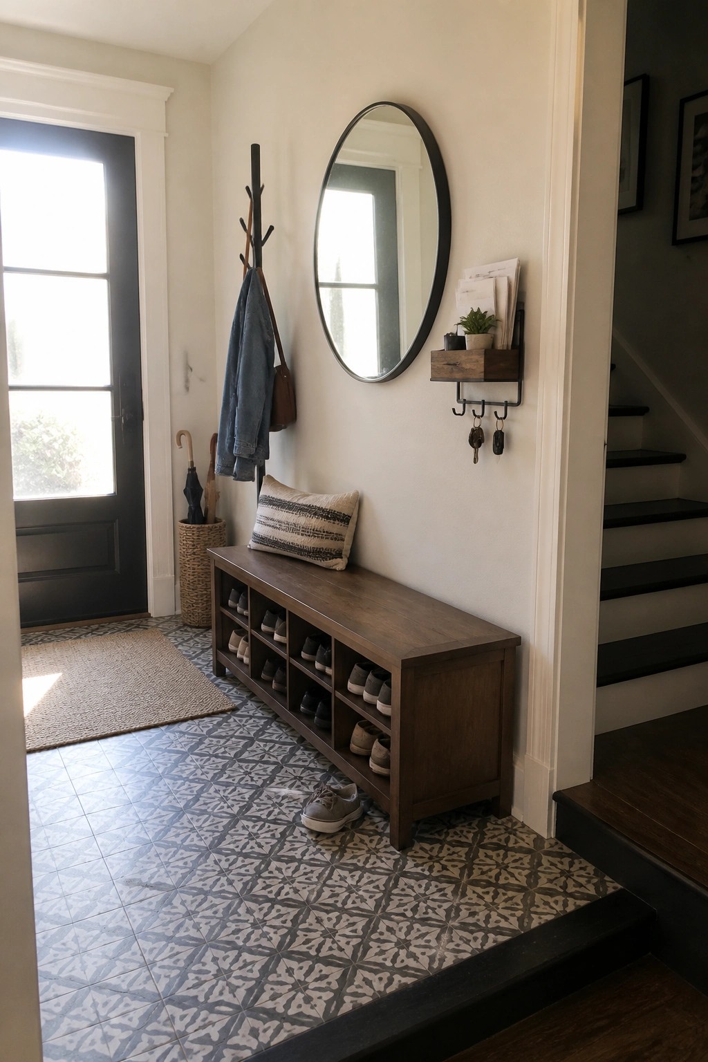 Modern entryway with wooden shoe bench, round mirror, coat rack, and patterned tile floor