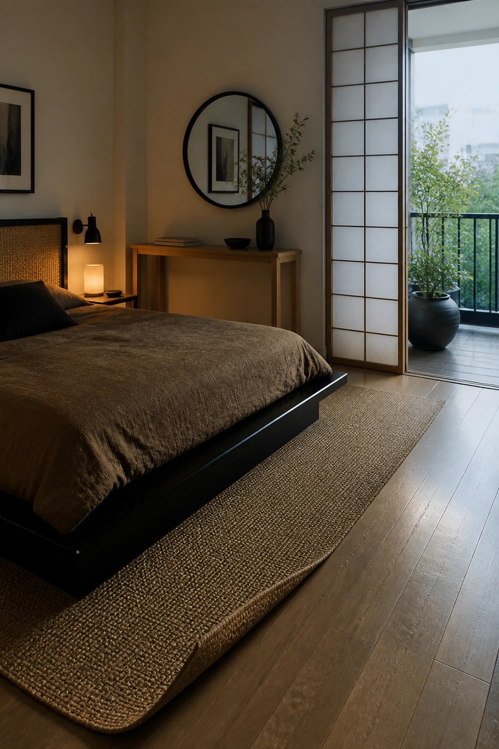 A bedroom with a low black platform bed covered in brown linen, a large woven rug on wood flooring, and a sliding shoji screen door leading to a balcony.