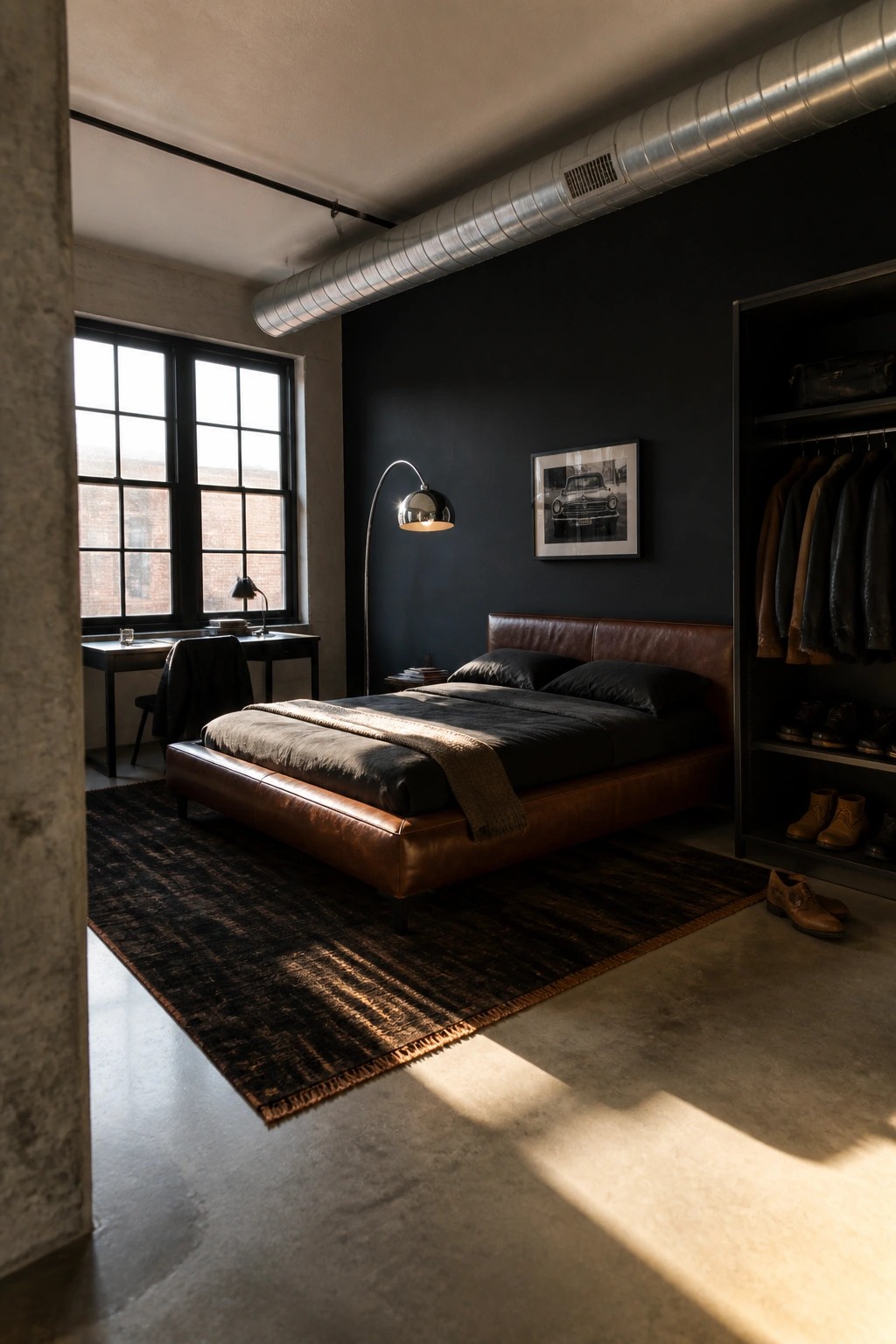A bedroom featuring a brown leather bed against a black wall, with a dark rug, floor lamp, and open closet visible.