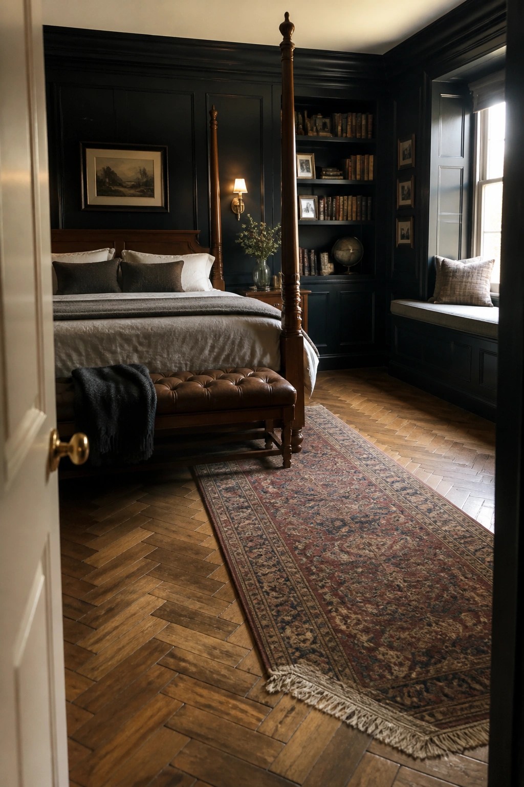 Dark navy bedroom with four-poster bed, leather bench, bookshelves, and patterned rug on wood floor.