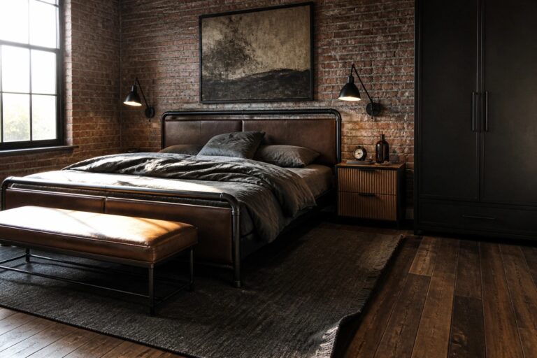 19 Balanced Black and Brown Masculine Bedrooms Built Around Layered Textures Dark industrial bedroom with leather bed, brick walls, and wooden floor.