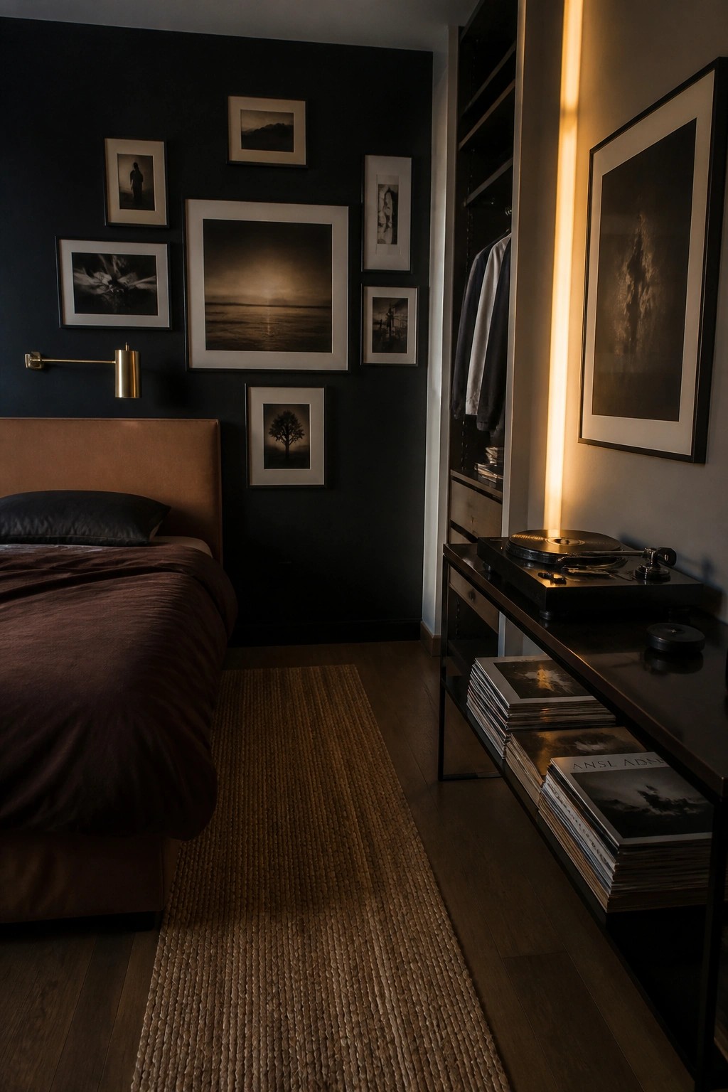 A masculine bedroom with a dark wall covered in a gallery of black and white framed photographs above a brown leather bed, a woven rug on the floor, and a record player console to the right.