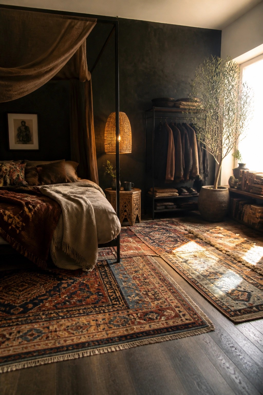 A dark masculine bedroom with a canopy bed, layered patterned rugs on dark wood flooring, a clothing rack, and a large potted tree near a window.