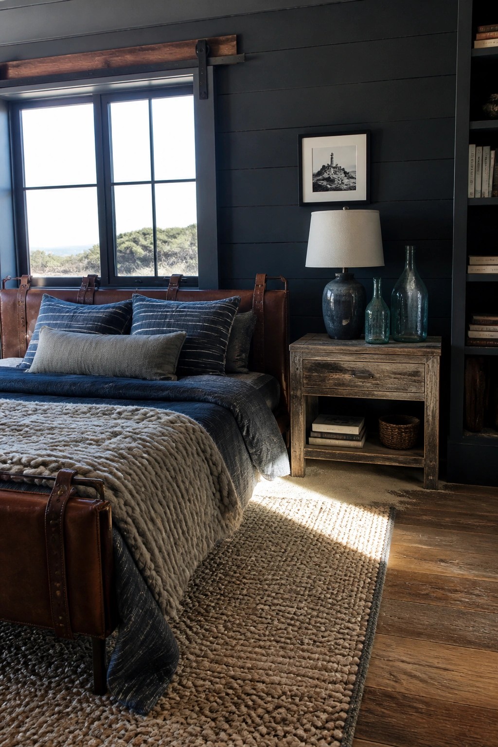 A bedroom featuring a brown leather bed, dark walls, layered blue and gray bedding with a chunky knit throw, a rustic wooden nightstand holding a lamp and glass bottles, and a large window overlooking greenery.