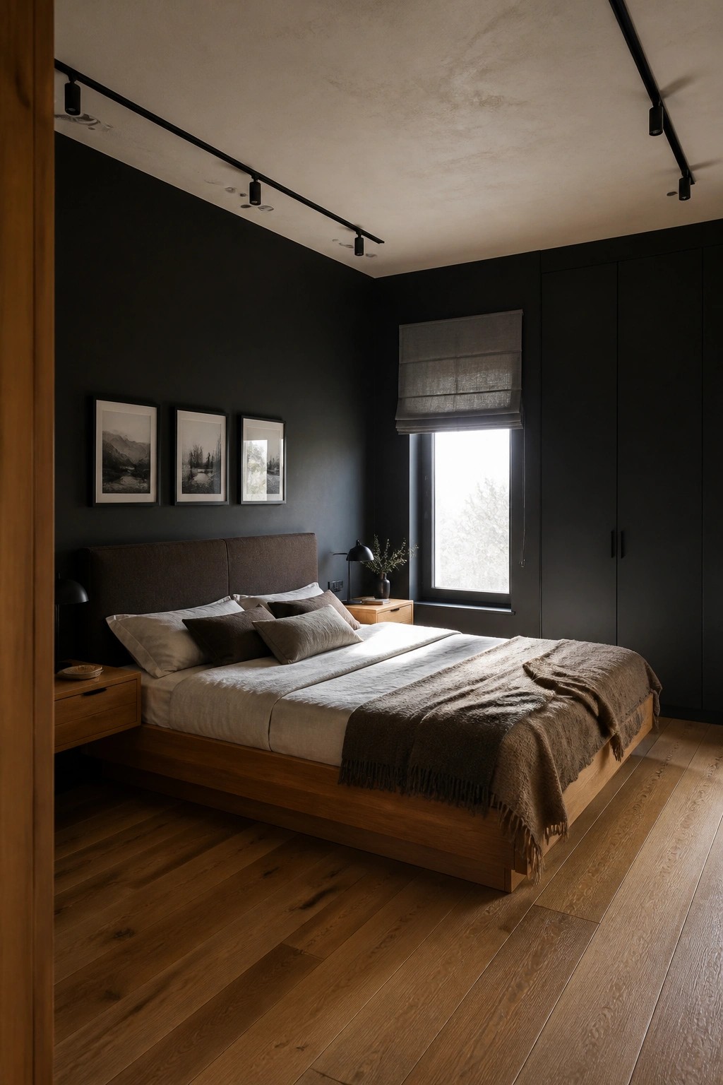 A modern bedroom with black walls, a low wooden platform bed dressed in layered neutral bedding and a brown wool throw, three framed photos above the headboard, and a window with a linen shade.