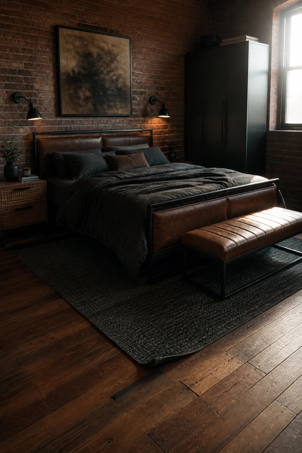Dark industrial bedroom with leather bed, brick walls, and wooden floor.