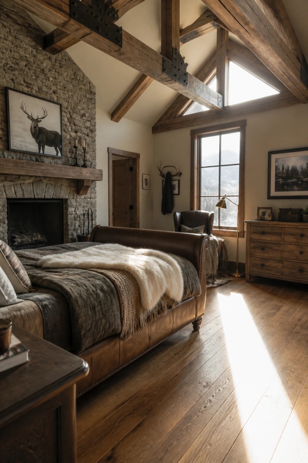 Rustic bedroom with leather bed, stone fireplace, wooden beams, and sunlit hardwood floors.
