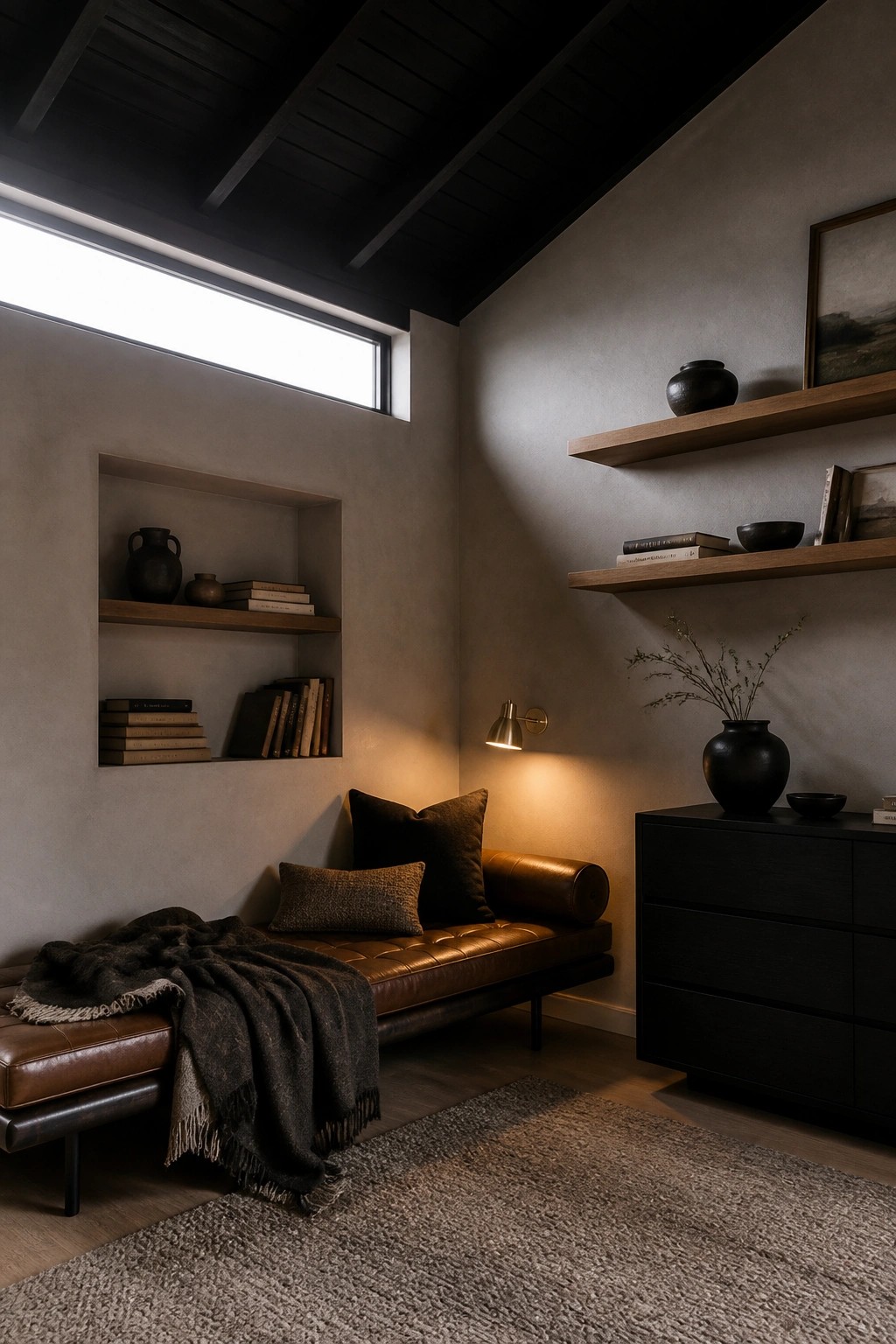 A masculine bedroom nook with a brown leather daybed, dark pillows, a fringed wool throw, floating wood shelves with books and pottery, a wall sconce, and a black dresser against a textured wall.