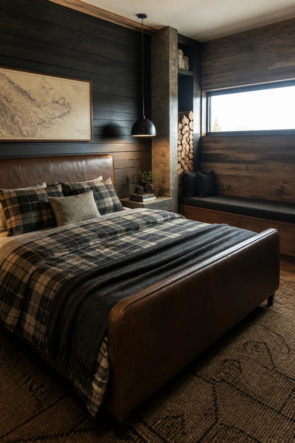 Rustic bedroom with brown leather bed, plaid bedding, dark wood walls, and window bench