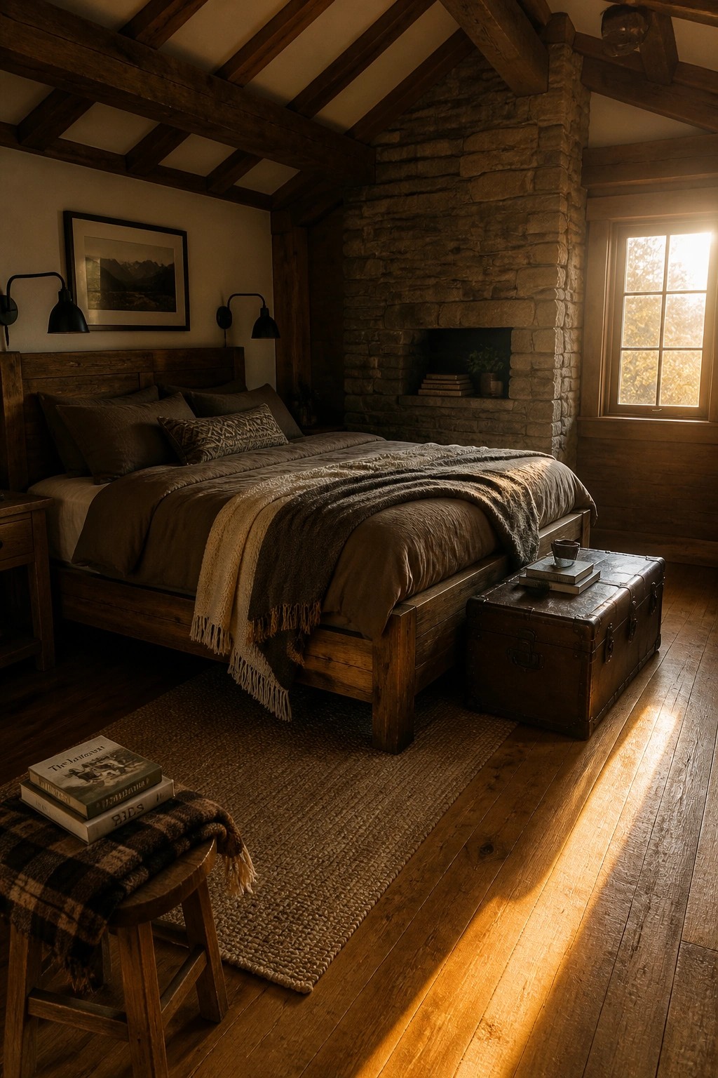 Rustic wooden bedroom with stone fireplace, bed, trunk, books, and sunlit floor