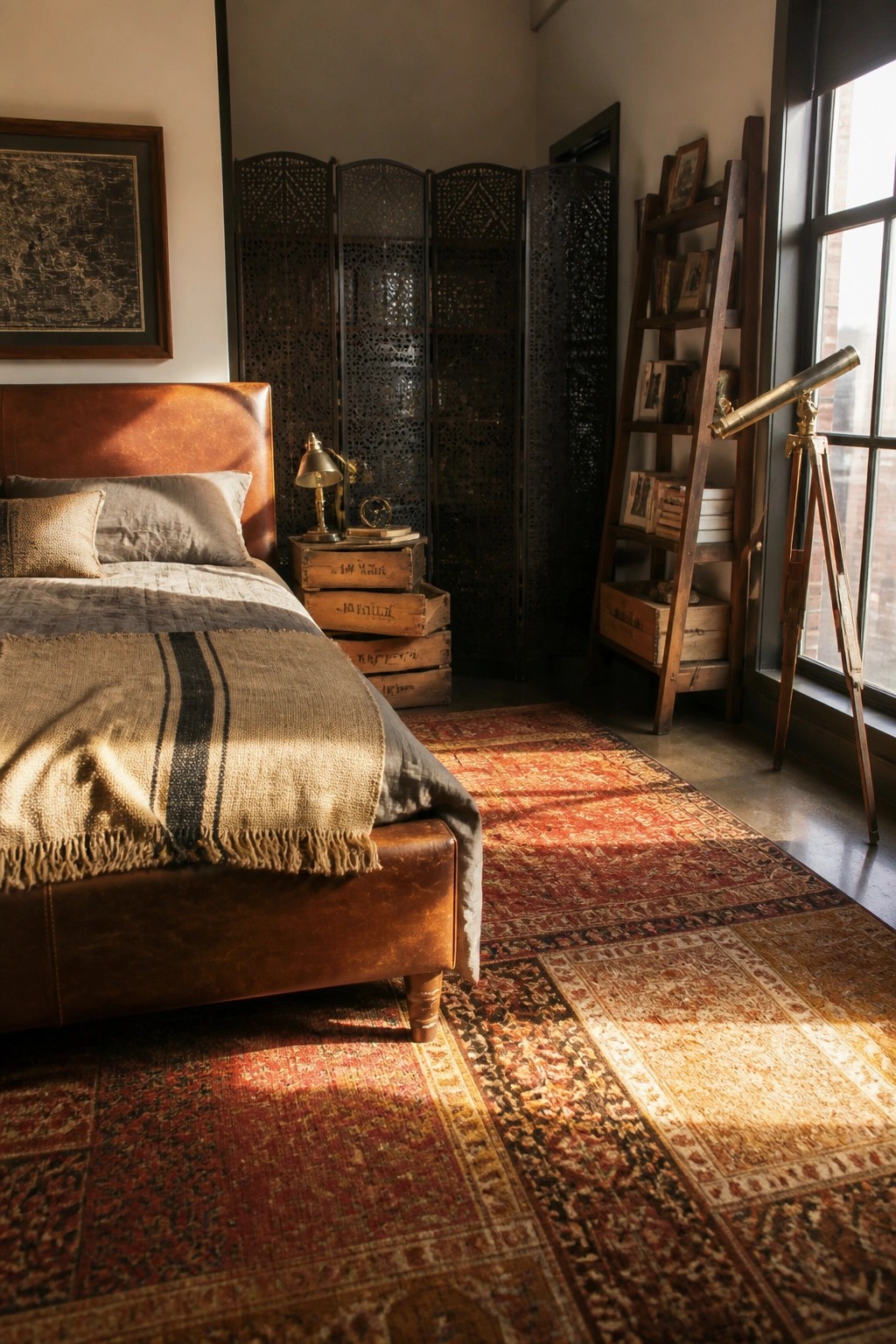 A masculine bedroom featuring a brown leather bed with a woven throw, a large red patterned rug, wooden crates, a dark folding screen, and a telescope near a window.