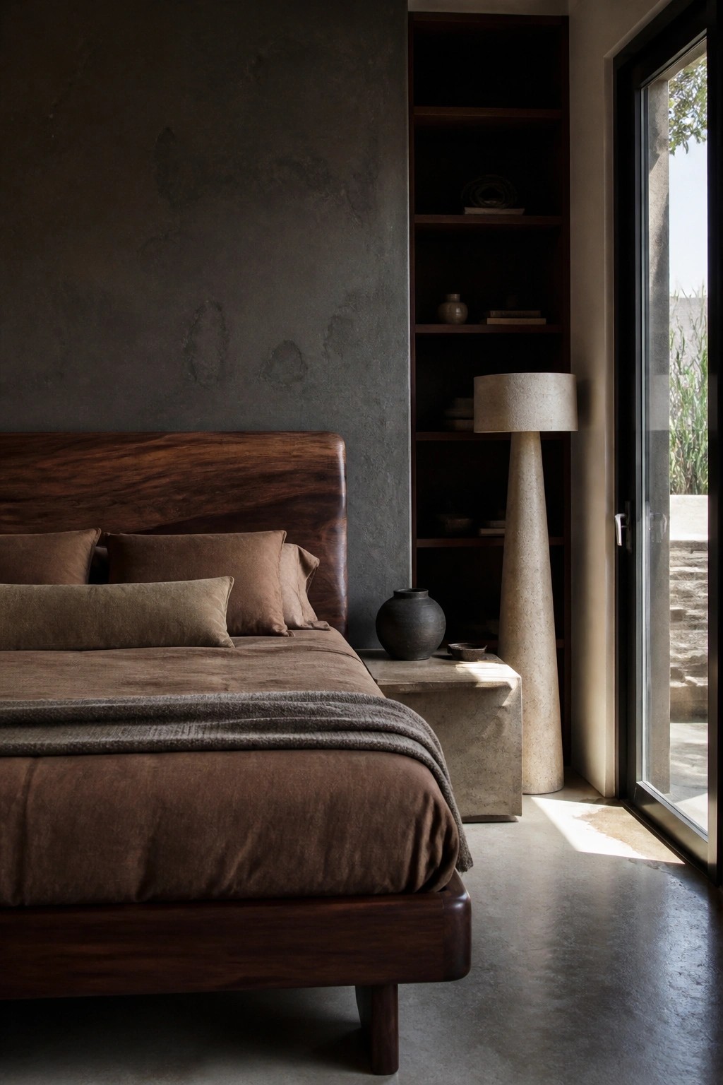 A bedroom featuring a dark wooden bed with brown bedding, a textured dark plaster wall, built-in wooden shelves, a stone nightstand, and a tall stone floor lamp beside a glass door.
