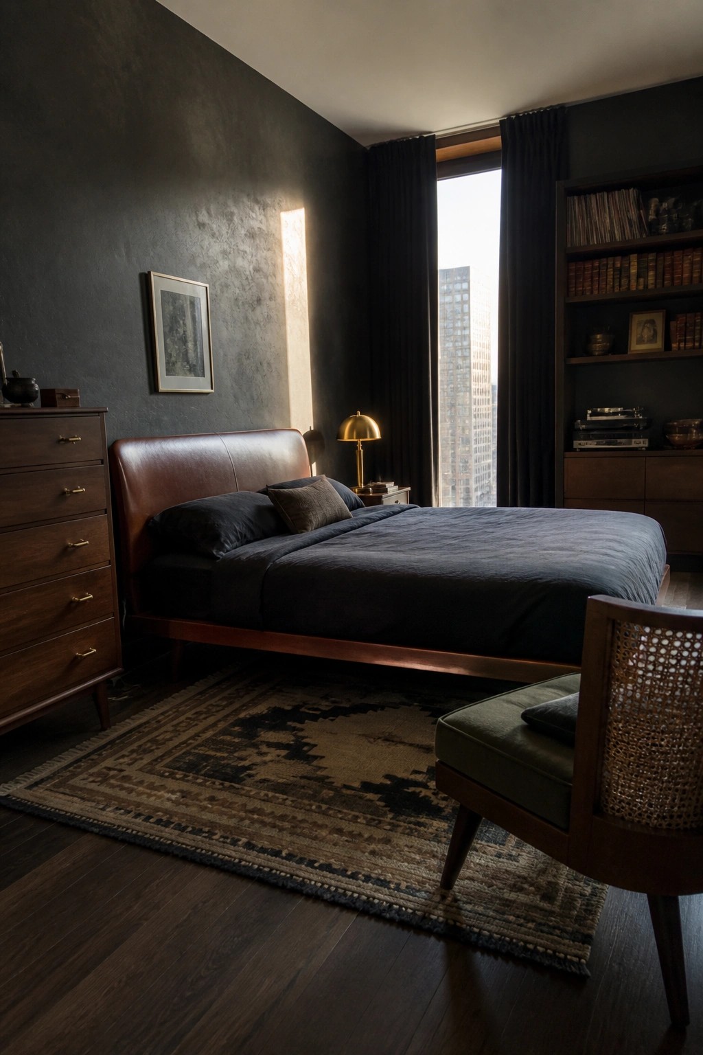 A bedroom with dark textured walls, a brown leather bed with dark bedding, wooden furniture including a dresser and built-in shelves, a patterned rug on dark wood floors, and a large window with black curtains.