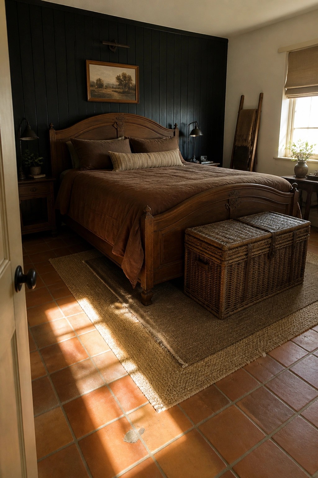 Rustic bedroom with dark wood bed, wicker trunk, terracotta tiles, and sunlight.